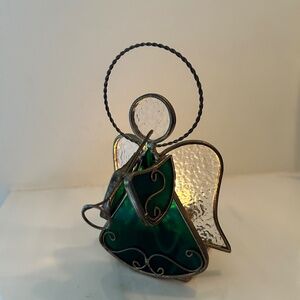 Stained Glass Emerald Green Gold Angel trumpet Tea Light Candle Holder Vintage
